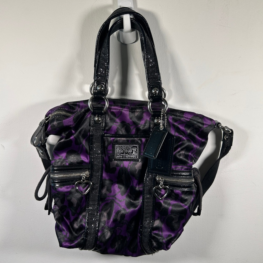 Coach Poppy Purple Black Floral Leopard Satin Tote Crossbody Bag 15880